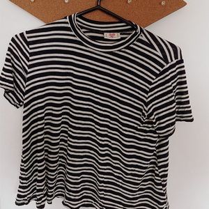 Black and white striped T-shirt with collared neck